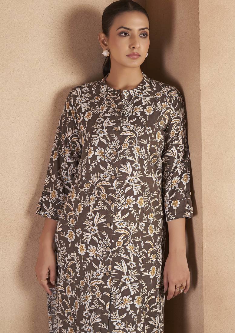 Brown cotton blend floral printed kurta for women
