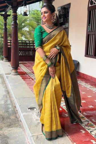 Yellow soft silk blend banarasi jacuard work designer party wear saree with unstitched blouse piece