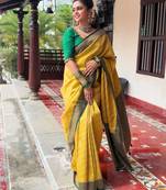 Yellow silk blend banarasi saree with unstitched blouse piece