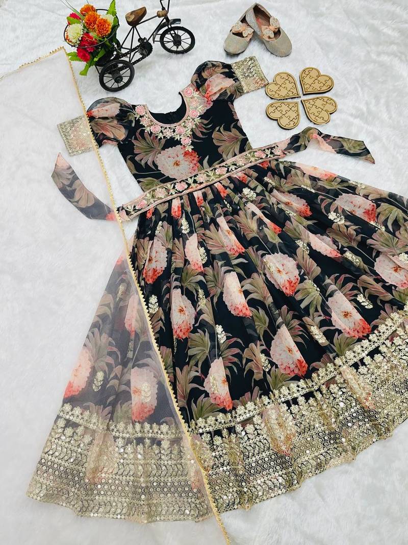 Black digital print gown with Embroidered Sequins 