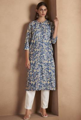 Turquoise cotton blend floral printed kurta for women 1