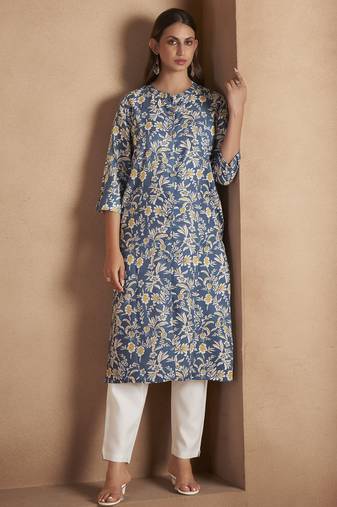 Turquoise cotton blend floral printed kurta for women