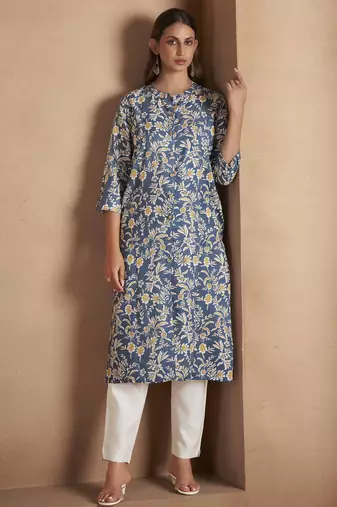 Turquoise cotton blend floral printed kurta for women