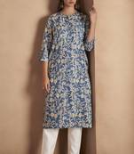 Turquoise cotton blend floral printed kurta for women
