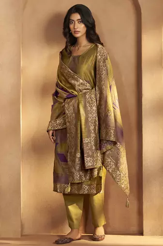 Mustard jacquard art silk fla mustard kurta set with cotton bottom & silk blend dupatta