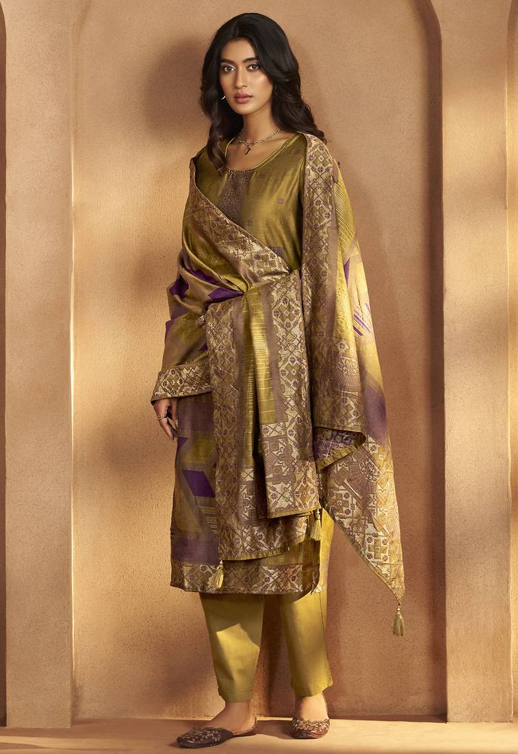 Mustard jacquard art silk fla mustard kurta set with cotton bottom & silk blend dupatta