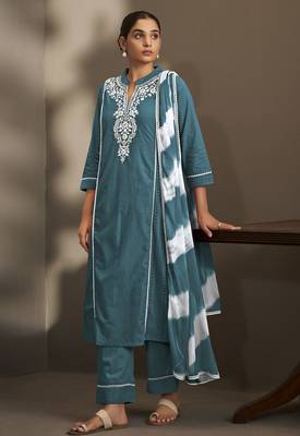 Rama pure cotton schiffli embroidered straight kurta set with cotton pants & najmin chiffon dupatta 3