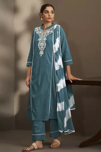 Rama pure cotton schiffli embroidered straight kurta set with cotton pants & najmin chiffon dupatta