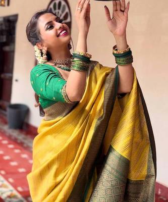 Yellow silk blend banarasi saree with unstitched blouse piece 2