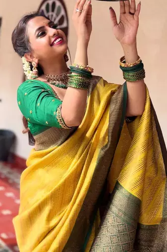 Yellow silk blend banarasi saree with unstitched blouse piece