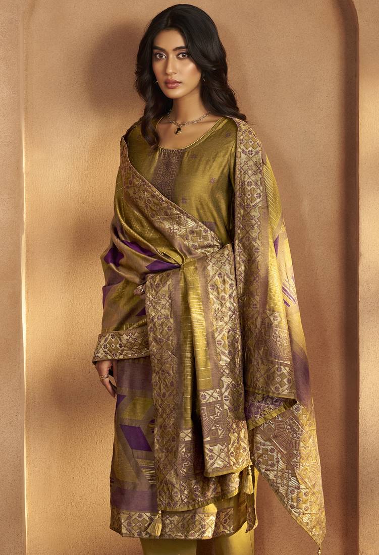 Mustard jacquard art silk fla mustard kurta set with cotton bottom & silk blend dupatta