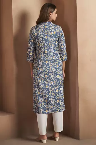 Turquoise cotton blend floral printed kurta for women