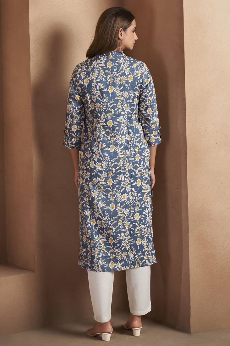 Turquoise cotton blend floral printed kurta for women