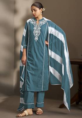 Rama pure cotton schiffli embroidered straight kurta set with cotton pants & najmin chiffon dupatta 4