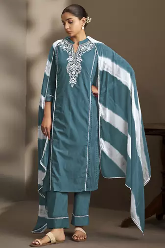 Rama pure cotton schiffli embroidered straight kurta set with cotton pants & najmin chiffon dupatta