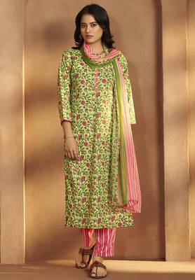 Women   s pista green cotton blend printed straight kurta with printed pant & chanderi printed dupatta 1