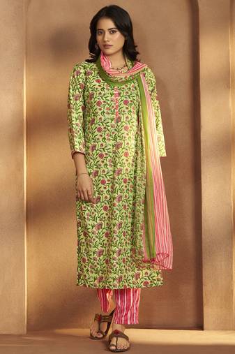 Women’s pista green cotton blend printed straight kurta with printed pant & chanderi printed dupatta
