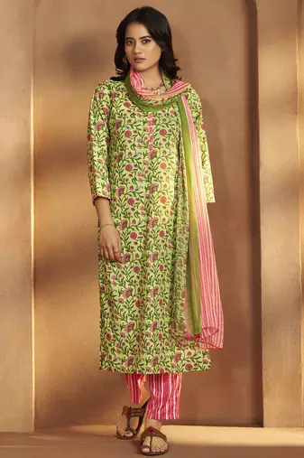 Women’s pista green cotton blend printed straight kurta with printed pant & chanderi printed dupatta