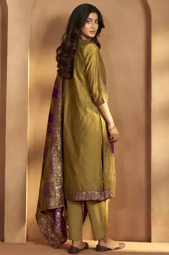 Mustard jacquard art silk fla mustard kurta set with cotton bottom & silk blend dupatta
