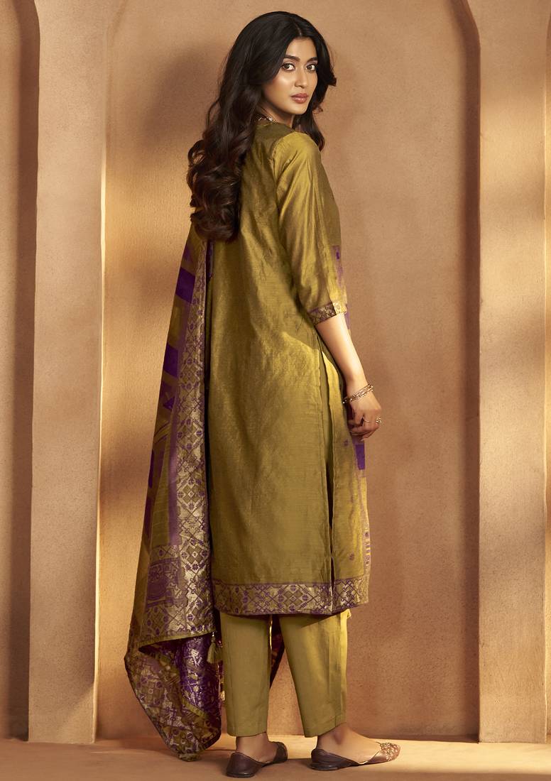 Mustard jacquard art silk fla mustard kurta set with cotton bottom & silk blend dupatta