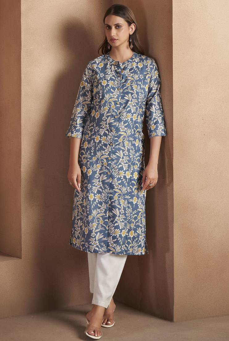 Turquoise cotton blend floral printed kurta for women