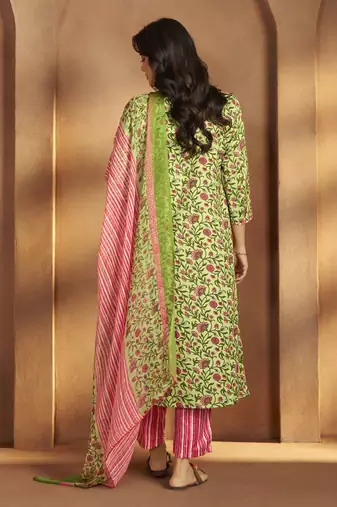 Women   s pista green cotton blend printed straight kurta with printed pant & chanderi printed dupatta