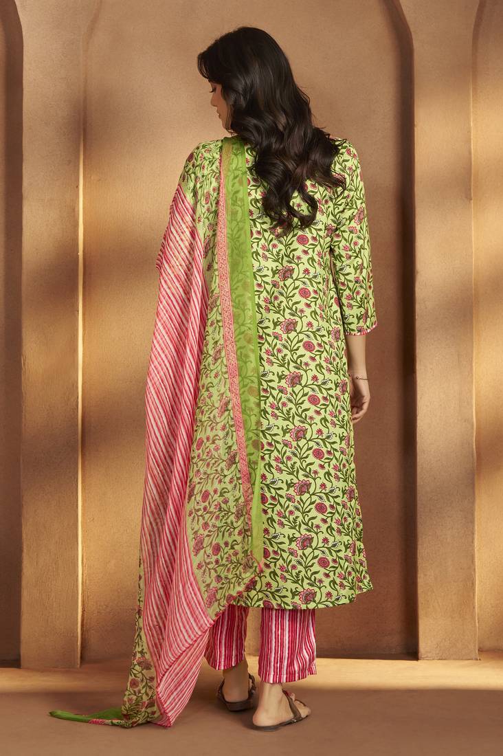Women’s pista green cotton blend printed straight kurta with printed pant & chanderi printed dupatta