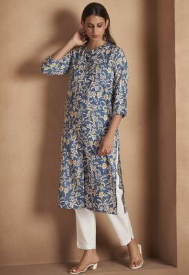 Turquoise cotton blend floral printed kurta for women 4