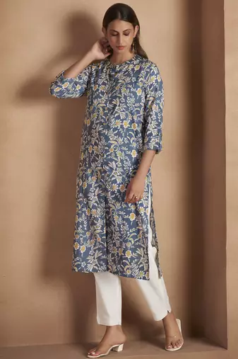 Turquoise cotton blend floral printed kurta for women