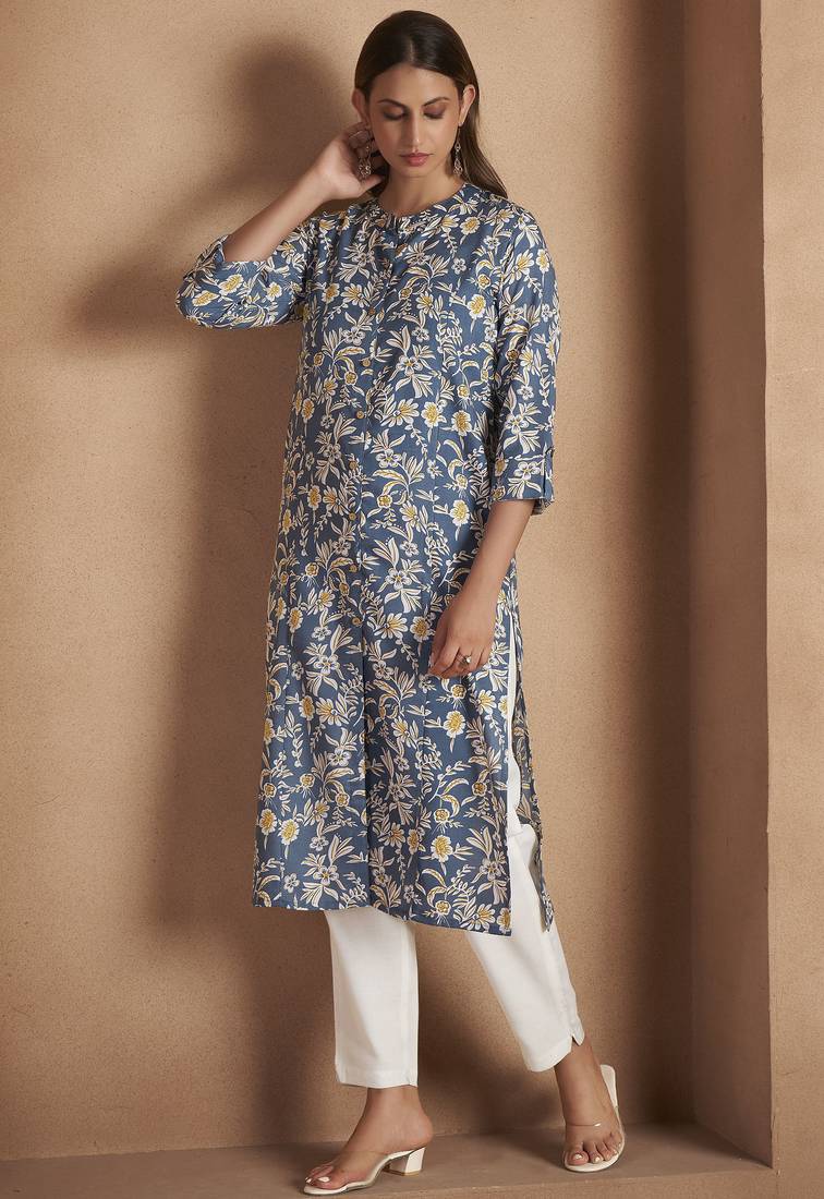 Turquoise cotton blend floral printed kurta for women