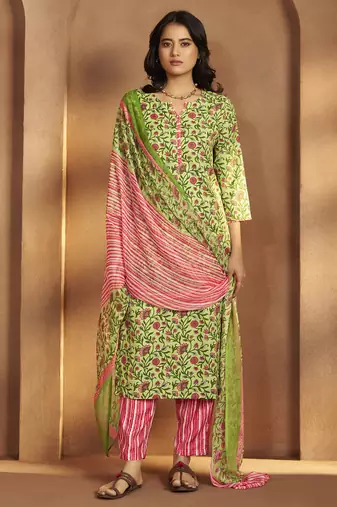 Women   s pista green cotton blend printed straight kurta with printed pant & chanderi printed dupatta