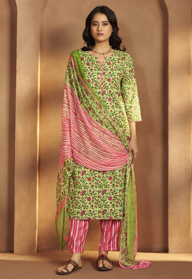 Women’s pista green cotton blend printed straight kurta with printed pant & chanderi printed dupatta