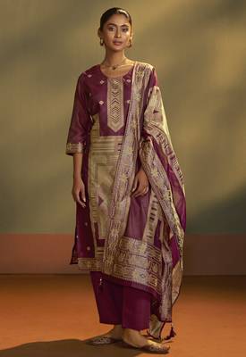 Maroon jacquard art silk kurta set with cotton bottom & silk blend dupatta 1