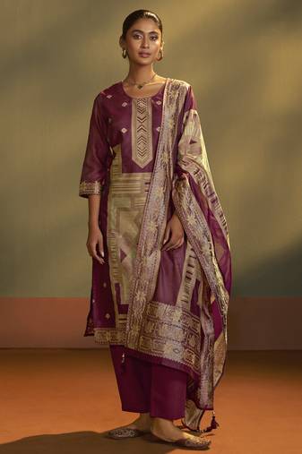 Maroon jacquard art silk kurta set with cotton bottom & silk blend dupatta