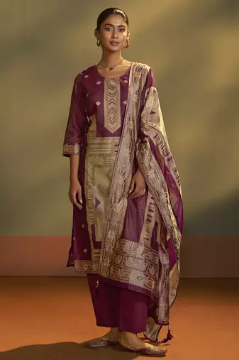 Maroon jacquard art silk kurta set with cotton bottom & silk blend dupatta