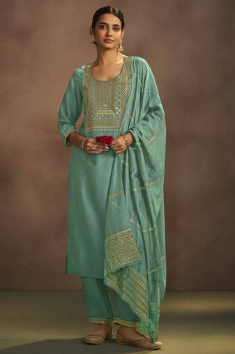 Pista chinnon embroidered kurta set with jacquard dupatta