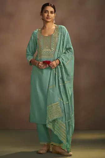 Pista chinnon embroidered kurta set with jacquard dupatta