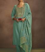 Pista chinnon embroidered kurta set with jacquard dupatta