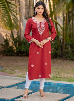 Red cotton blend chikankari embroidered kurta for women 1