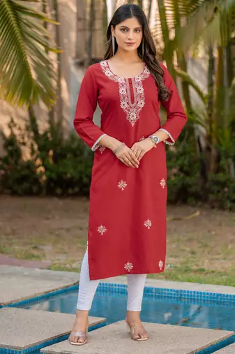 Red cotton blend chikankari embroidered kurta for women
