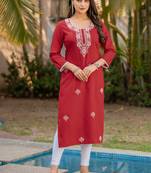Red cotton blend chikankari embroidered kurta for women