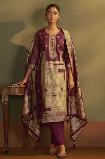 Maroon jacquard art silk kurta set with cotton bottom & silk blend dupatta
