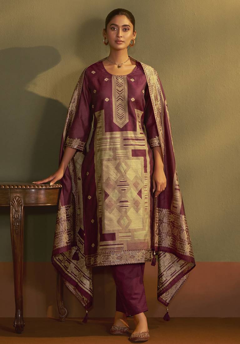 Maroon jacquard art silk kurta set with cotton bottom & silk blend dupatta