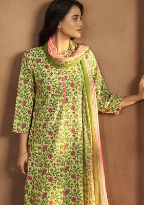 Women   s pista green cotton blend printed straight kurta with printed pant & chanderi printed dupatta 4