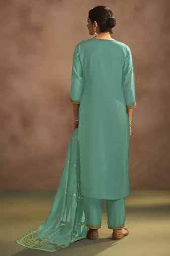 Pista chinnon embroidered kurta set with jacquard dupatta