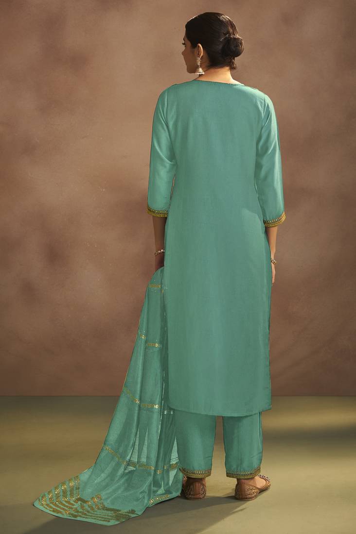 Pista chinnon embroidered kurta set with jacquard dupatta