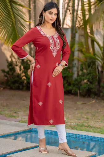 Red cotton blend chikankari embroidered kurta for women