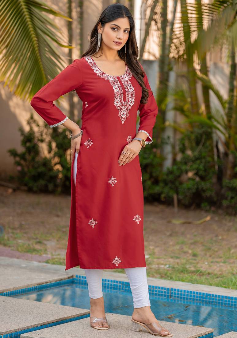 Red cotton blend chikankari embroidered kurta for women