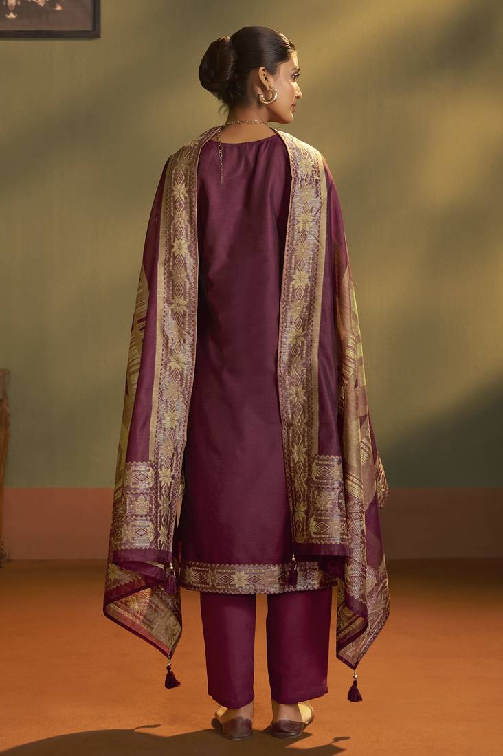 Maroon jacquard art silk kurta set with cotton bottom & silk blend dupatta