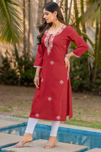 Red cotton blend chikankari embroidered kurta for women
